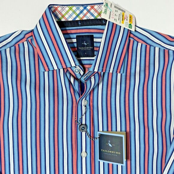 NWT $99 Tailor Byrd LS Button Down Shirt Blue Pink Stripe Flip Cuff Men’s Size L - Picture 6 of 11